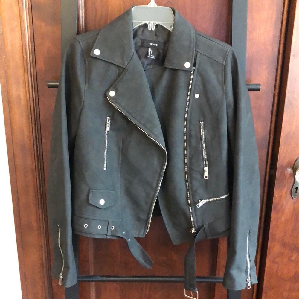 Grey Vegan Matte Leather Moto Jacket zippered